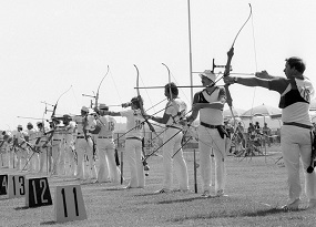 Archery athletes line up at the 1980 Olympics
