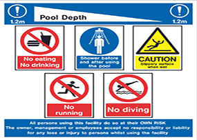 Swimming pool rules and depth sign