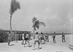 Members of US President Truman’s vacation party take a volleyball break