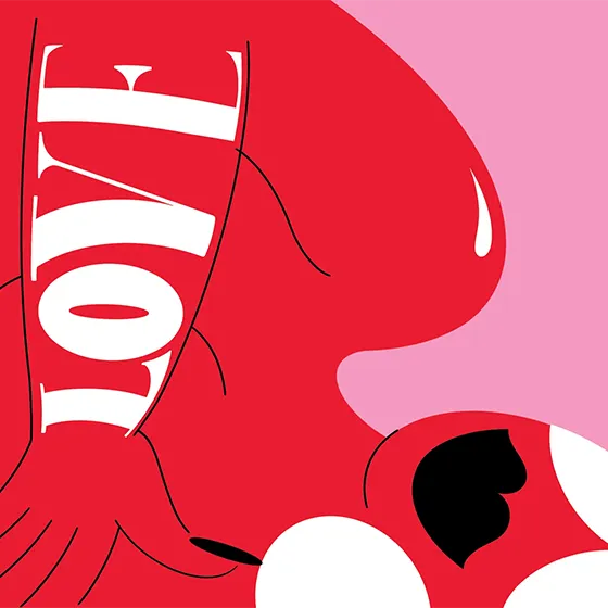 An illustration of a red women with love on her arm on a pink background