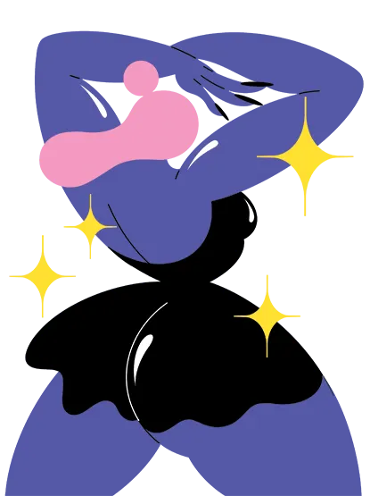 An illustration of a purple women with pink hair in a black dress from behind