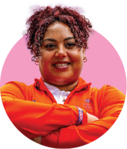 Photo of Emily Campbell within a pink circle
