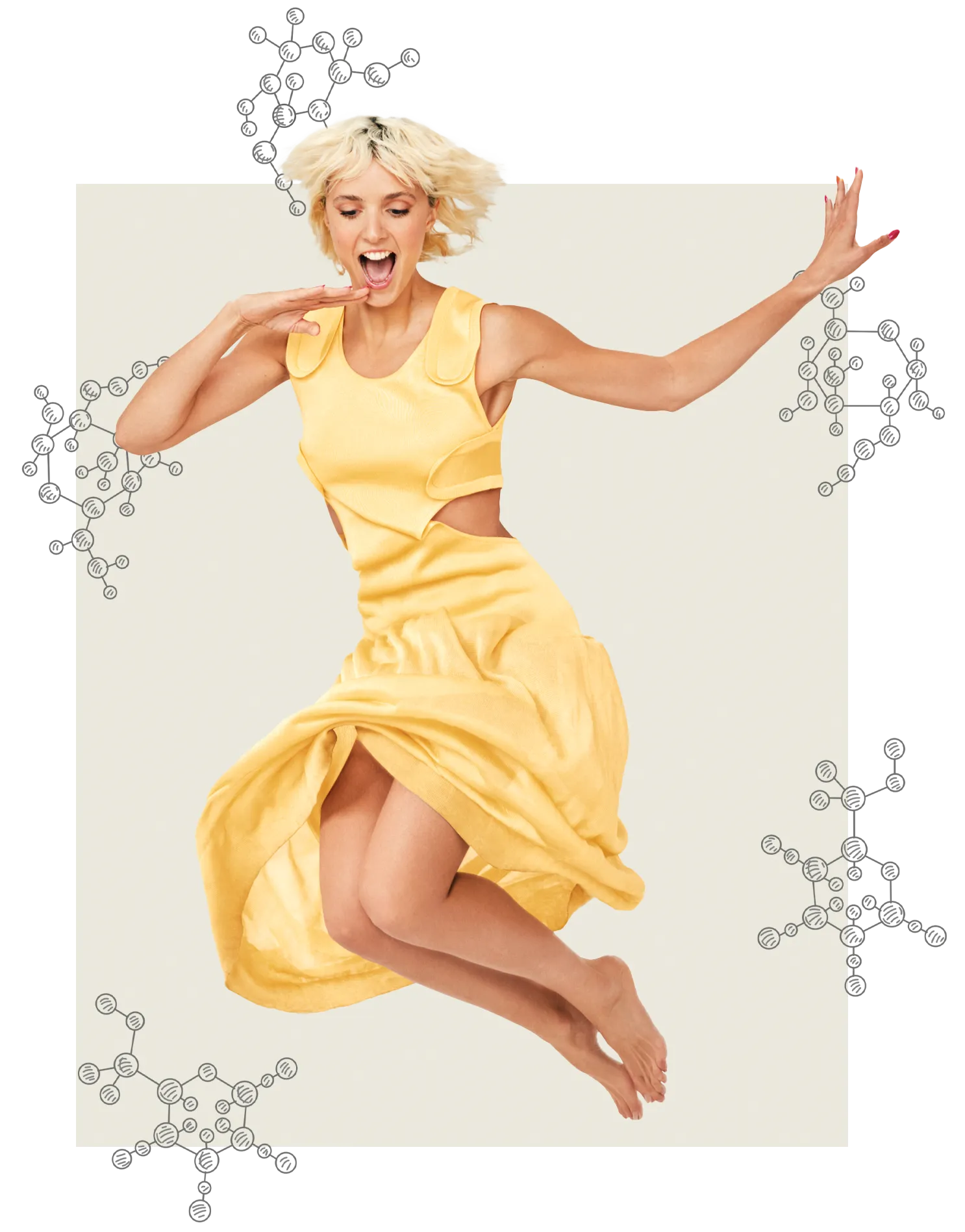 Image of Jessie Inchauspe jumping in a yellow dress