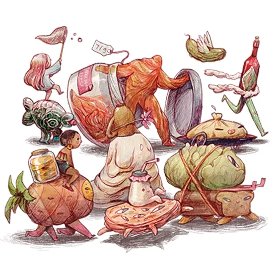 Illustration of different fermented foods running
