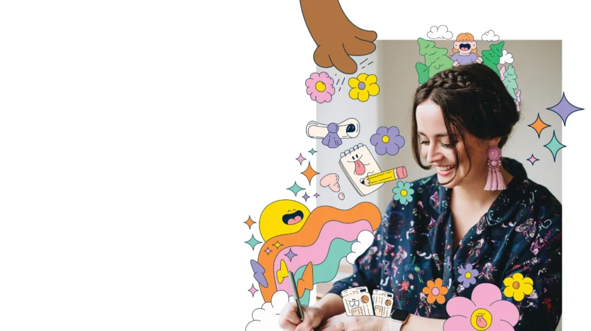 Portrait of Sophie Cliff sitting writing with illustrations over her portraying joy.