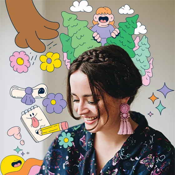 Portrait of Sophie Cliff sitting writing with illustrations over her portraying joy.