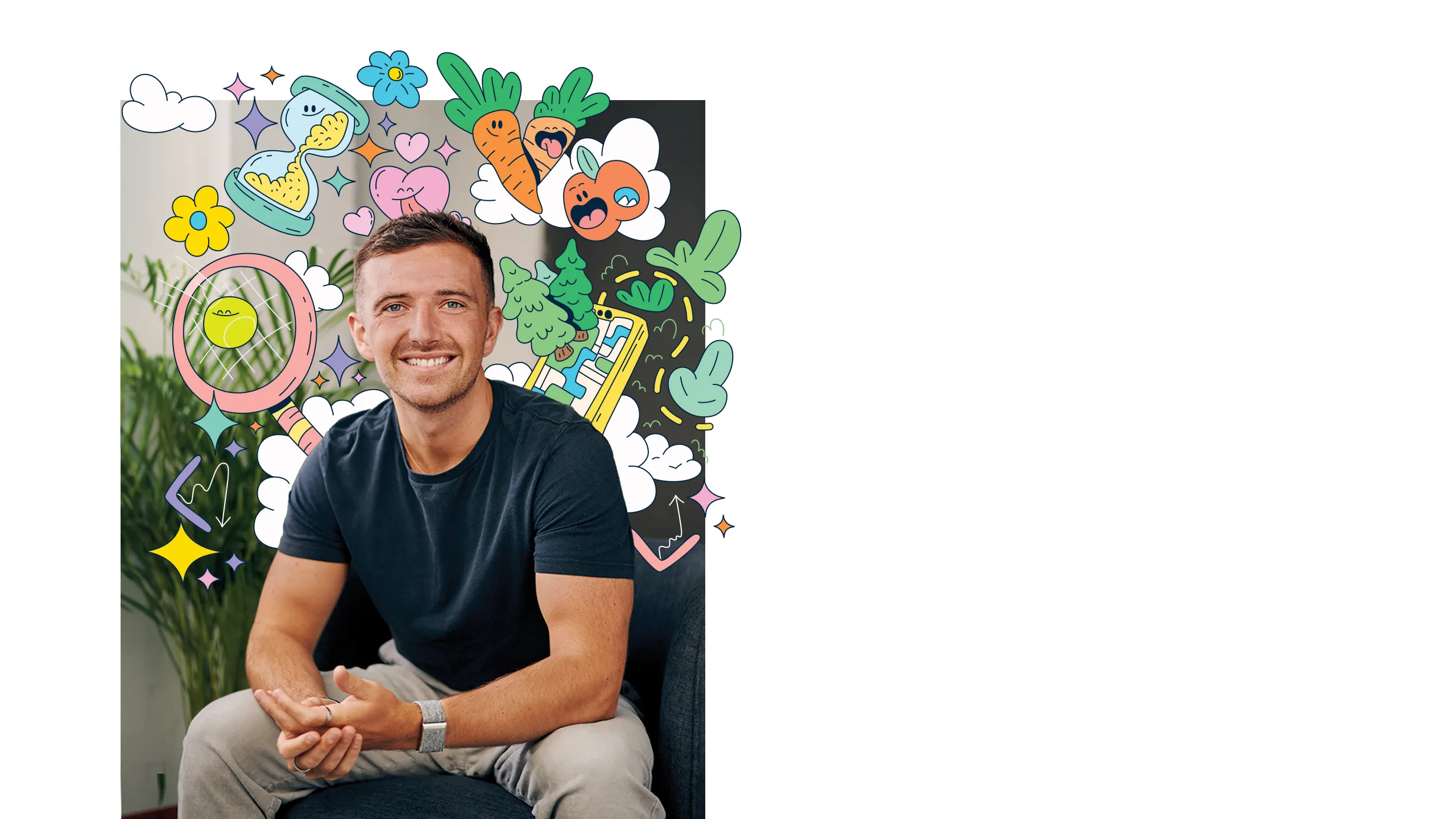 Portrait of TJ power sitting on a chair with illustrations over him portraying joy.