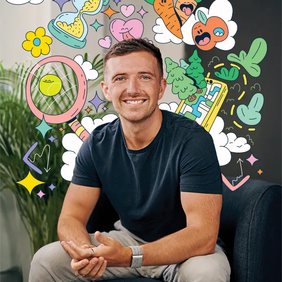 Portrait of TJ power sitting on a chair with illustrations over him portraying joy.