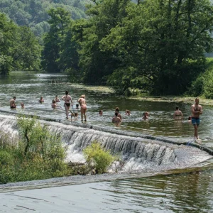 a croup of people swimming in a weir