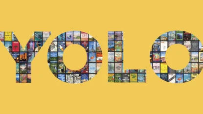 The word YOLO created from a montage of lonely planet book covers