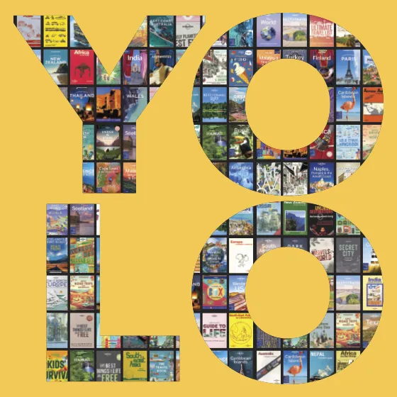 The word YOLO created from a montage of lonely planet book covers