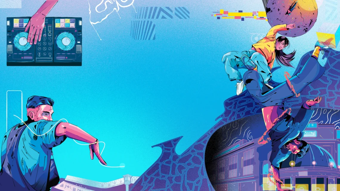 Illustration of the breaking scene in the UK of a number of breakers and pink skinned man on the decks