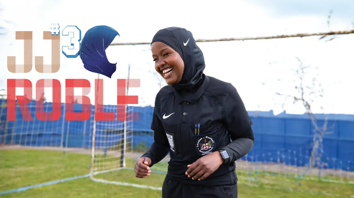 JJ Roble enjoying herself on the football pitch in front of a goal