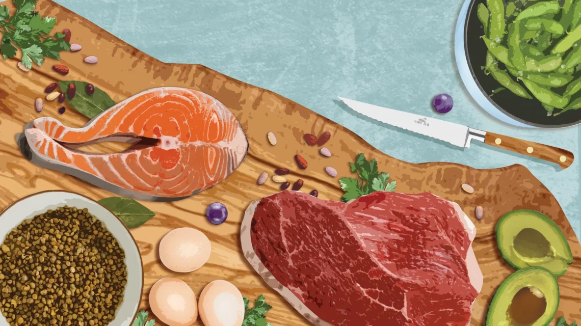 New rules of protein board of high protein products like eggs, salmon, meat