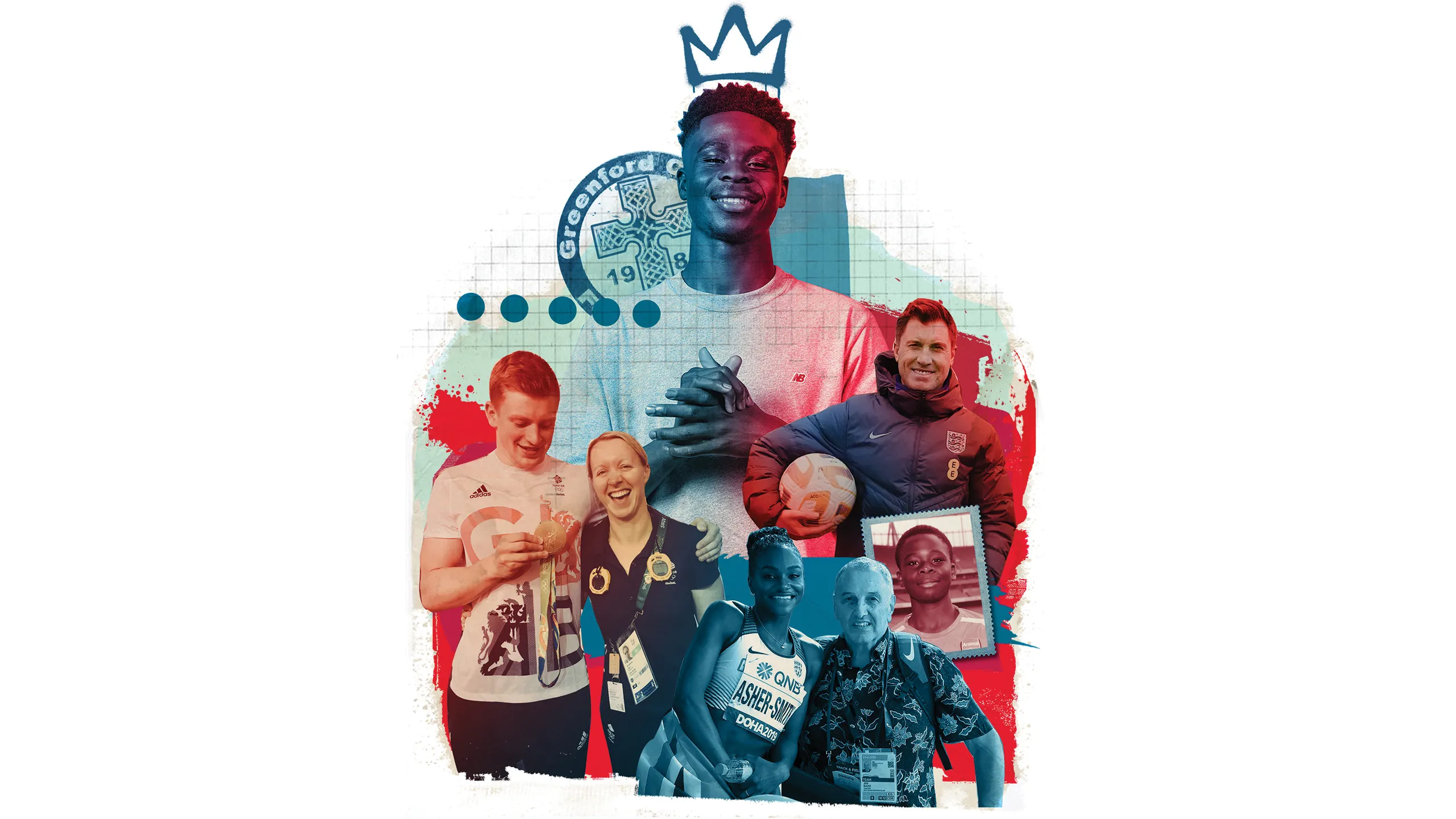 Bukaya Saka, Adam peaty, Dina-Asher-Smith and their first coaches illustrations