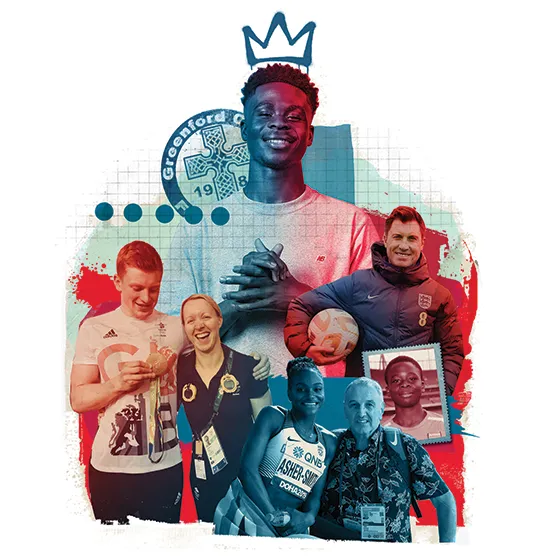 Bukaya Saka, Adam peaty, Dina-Asher-Smith and their first coaches illustrations