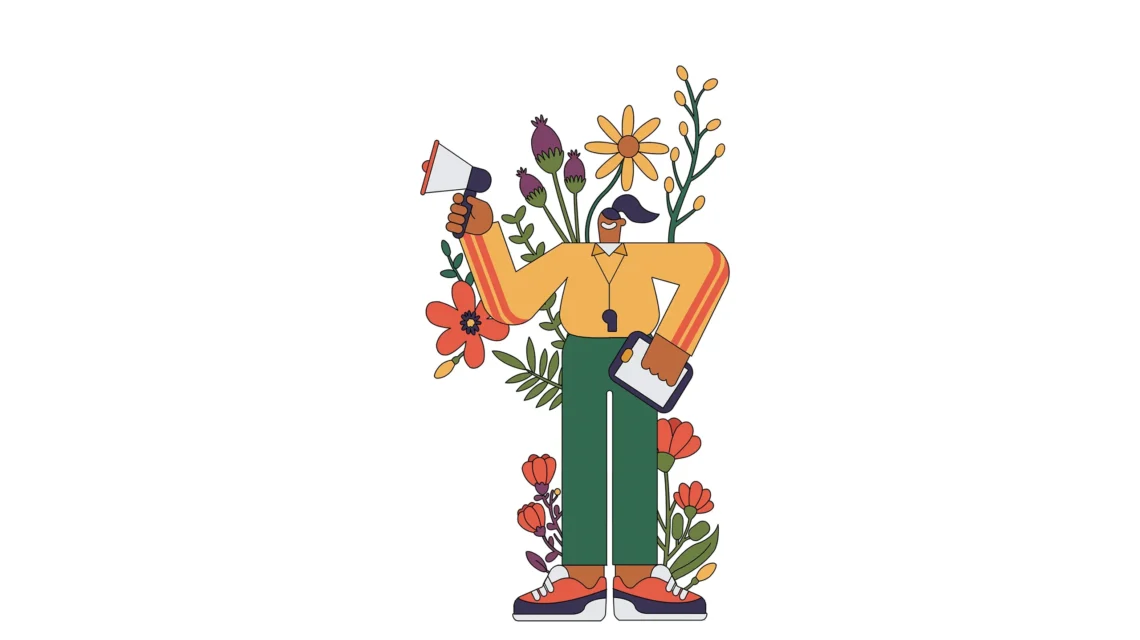Illustration of UK female coach with megaphone asking questions