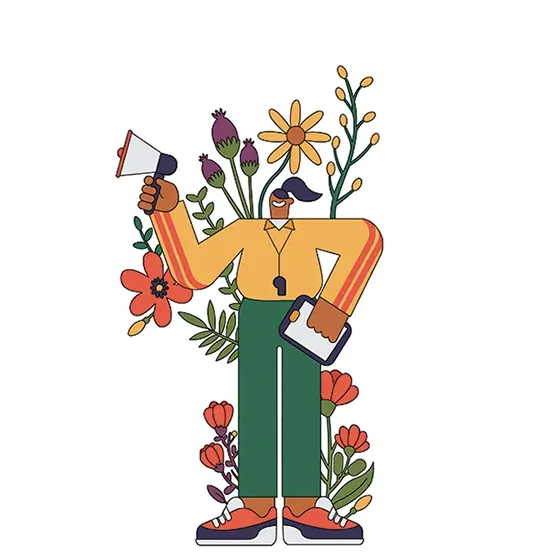 Illustration of UK female coach with megaphone asking questions