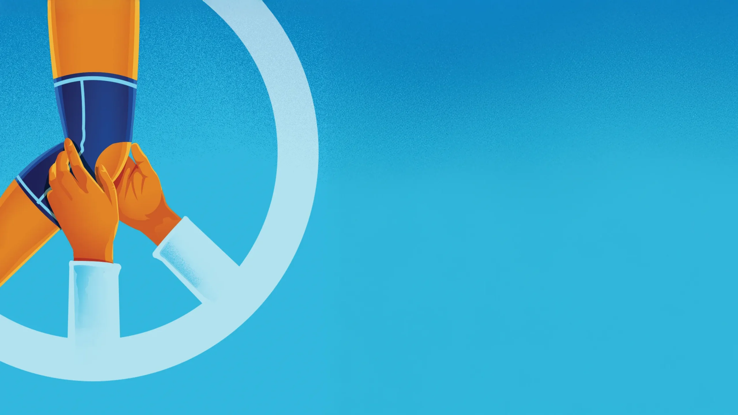 Illustration by Bill McConkey of knee in bandage, in a PEACE sign