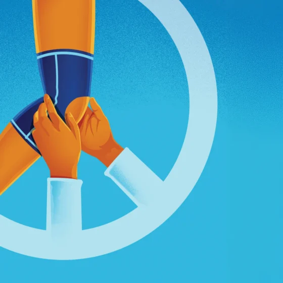 Illustration by Bill McConkey of knee in bandage, in a PEACE sign