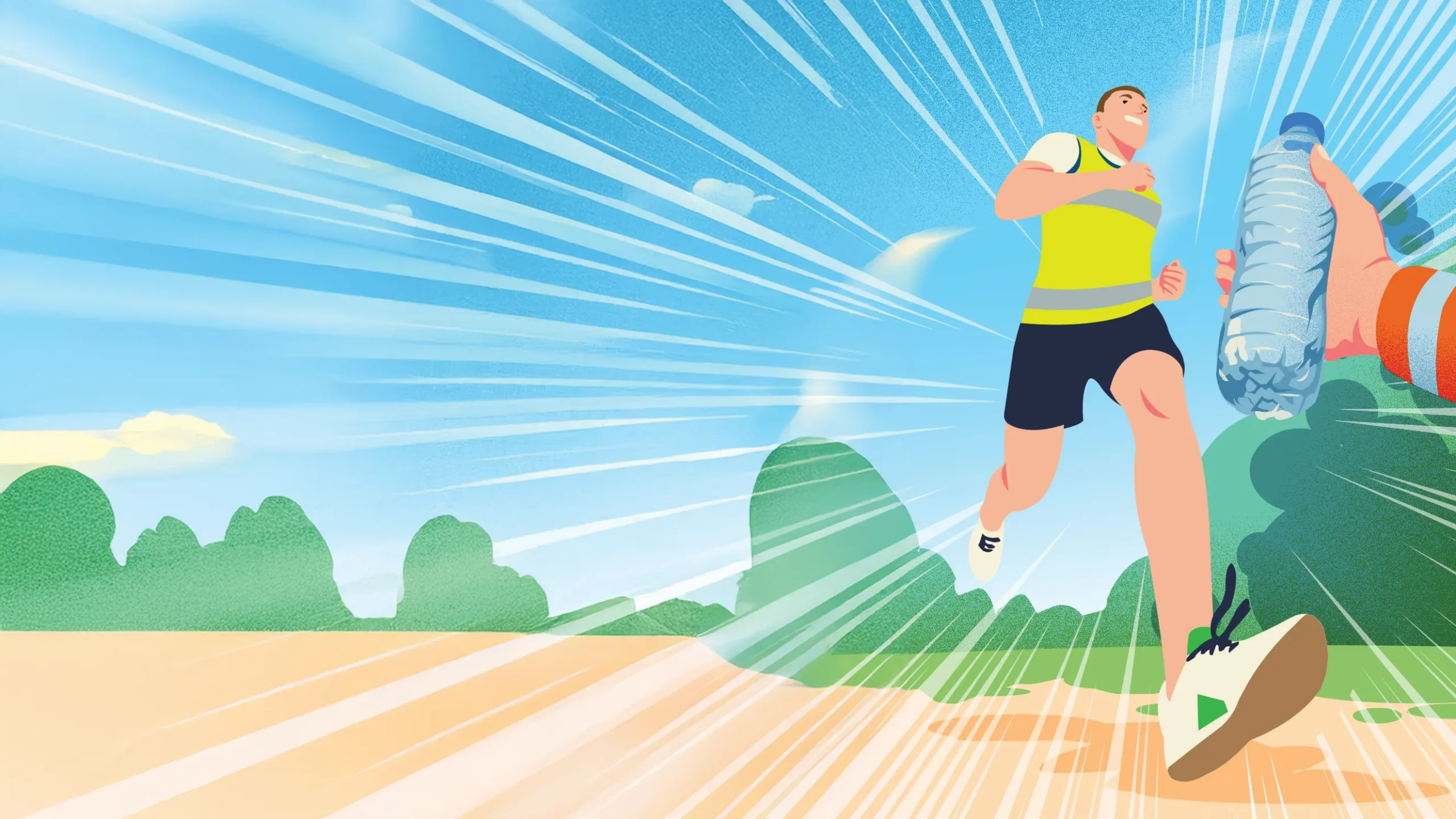 Illustration by Bill McConkey of a runner in a park being handed a bottle of water