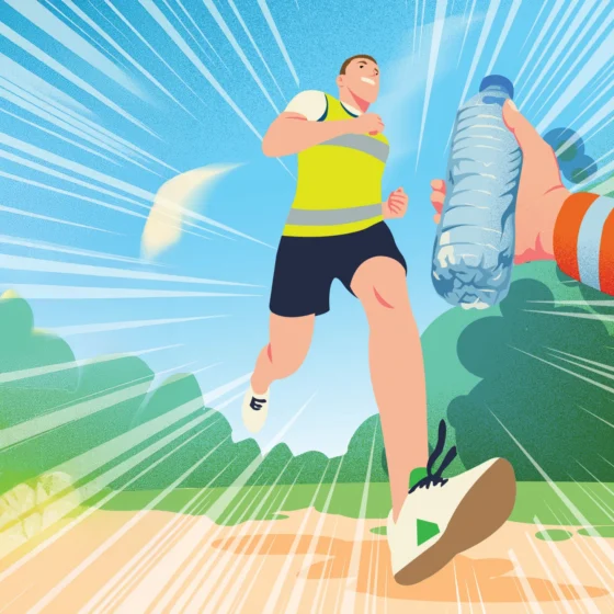 Illustration by Bill McConkey of a runner in a park being handed a bottle of water