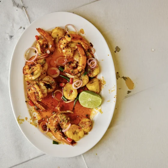 Tropical prawns with plantain and pickled shallots