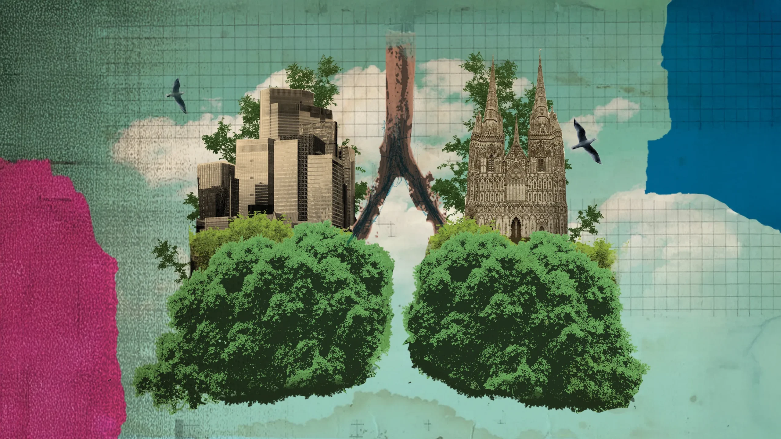 Trees as lungs in urban background with local buildings