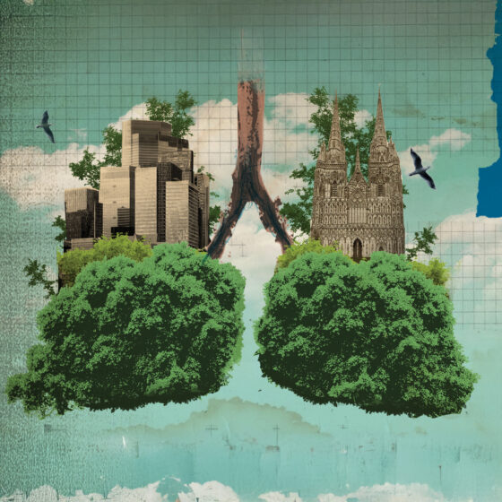 Trees as lungs in urban background with local buildings