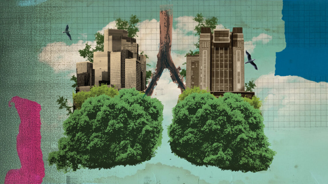 Trees as lungs in urban background with local buildings