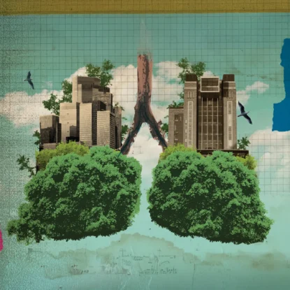 Trees as lungs in urban background with local buildings