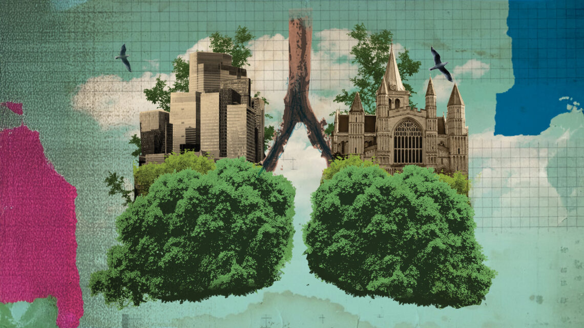 Trees as lungs in urban background with local buildings