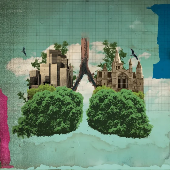 Trees as lungs in urban background with local buildings