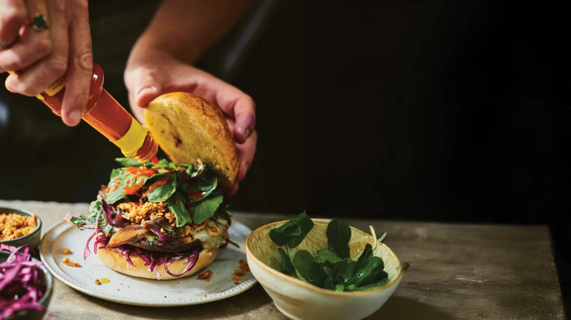 Make this decadent double mushroom burger stuffed with fried onions and Gorgonzola, from cookbook author Claire Thomson.