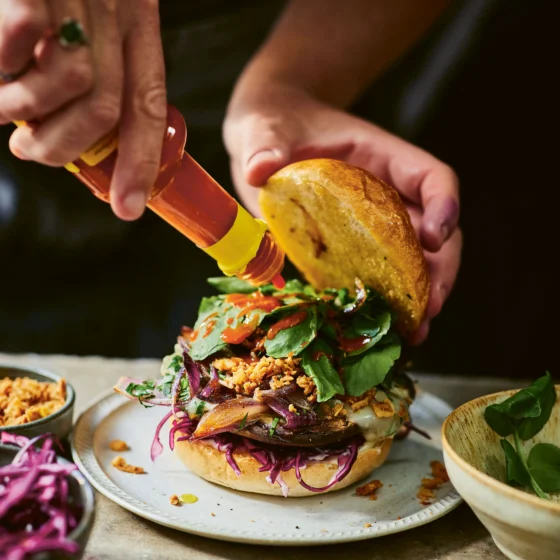 Make this decadent double mushroom burger stuffed with fried onions and Gorgonzola, from cookbook author Claire Thomson.