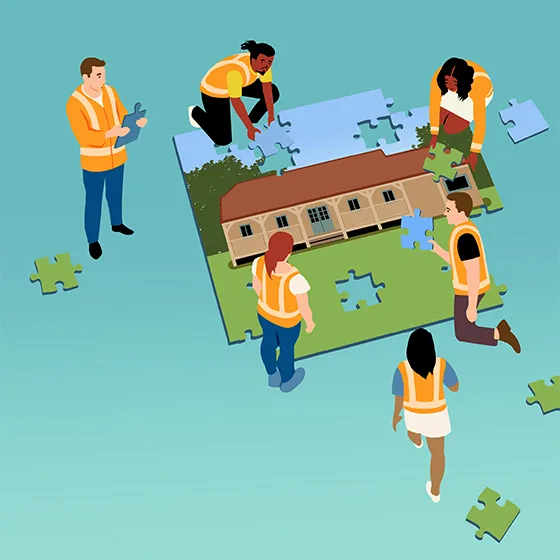 Illustration of people standing over a giant jigsaw of a clubhouse