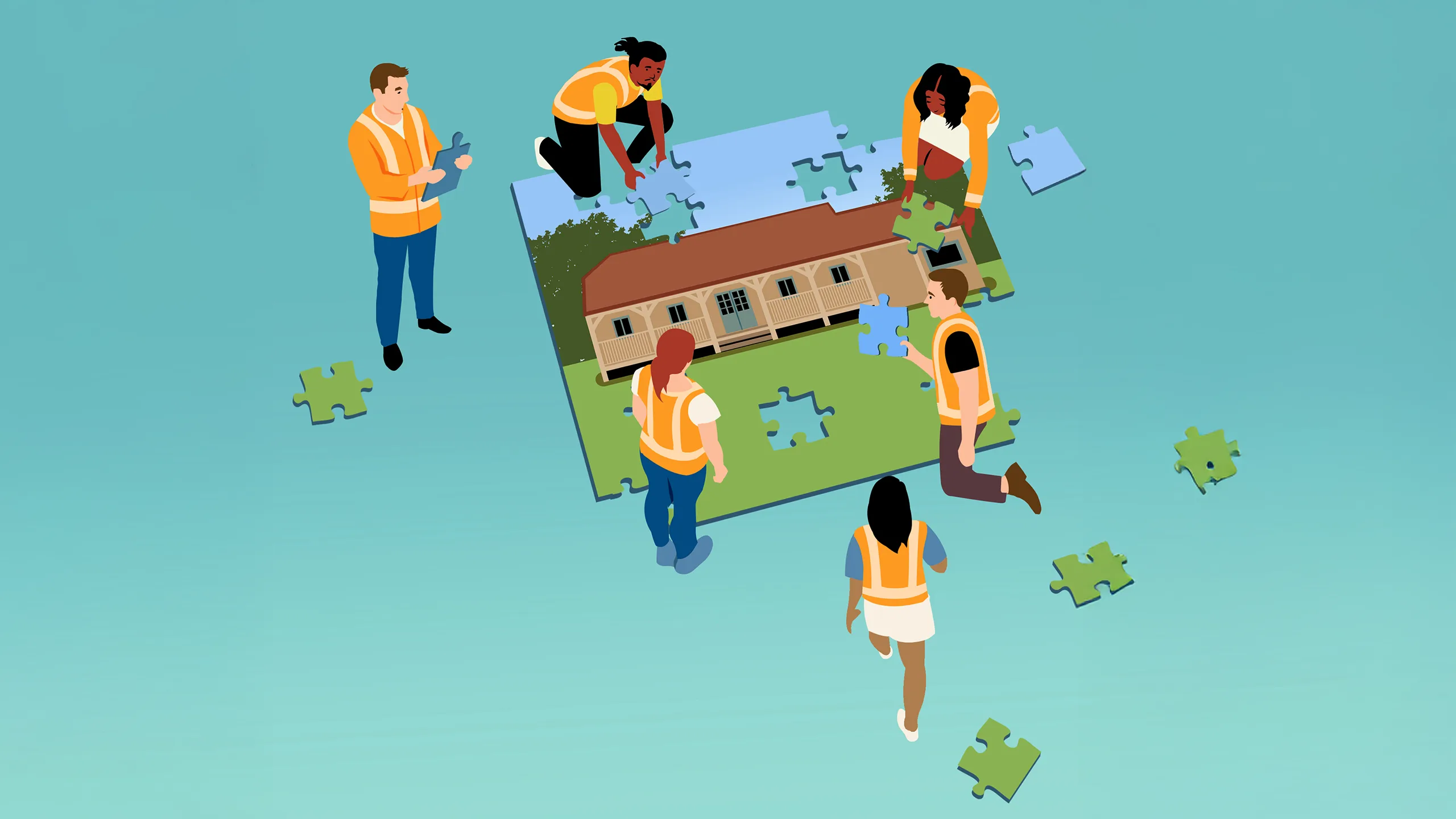 Illustration of people standing over a giant jigsaw of a clubhouse