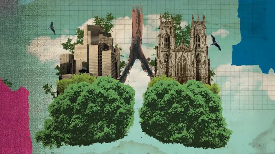 Trees as lungs in urban background with local buildings