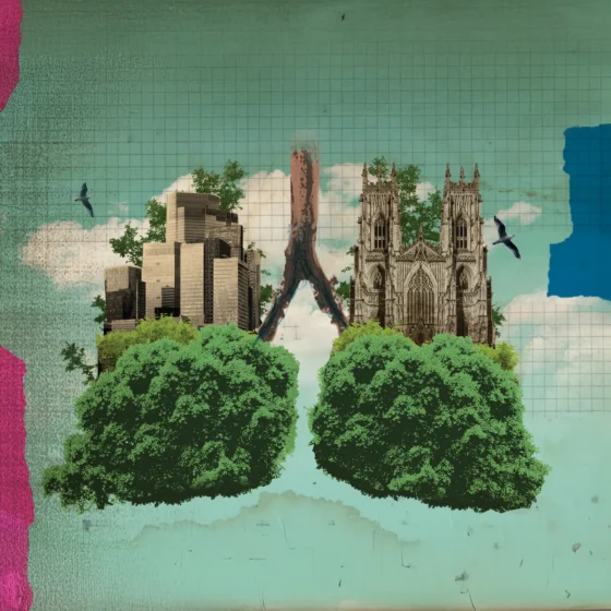 Trees as lungs in urban background with local buildings