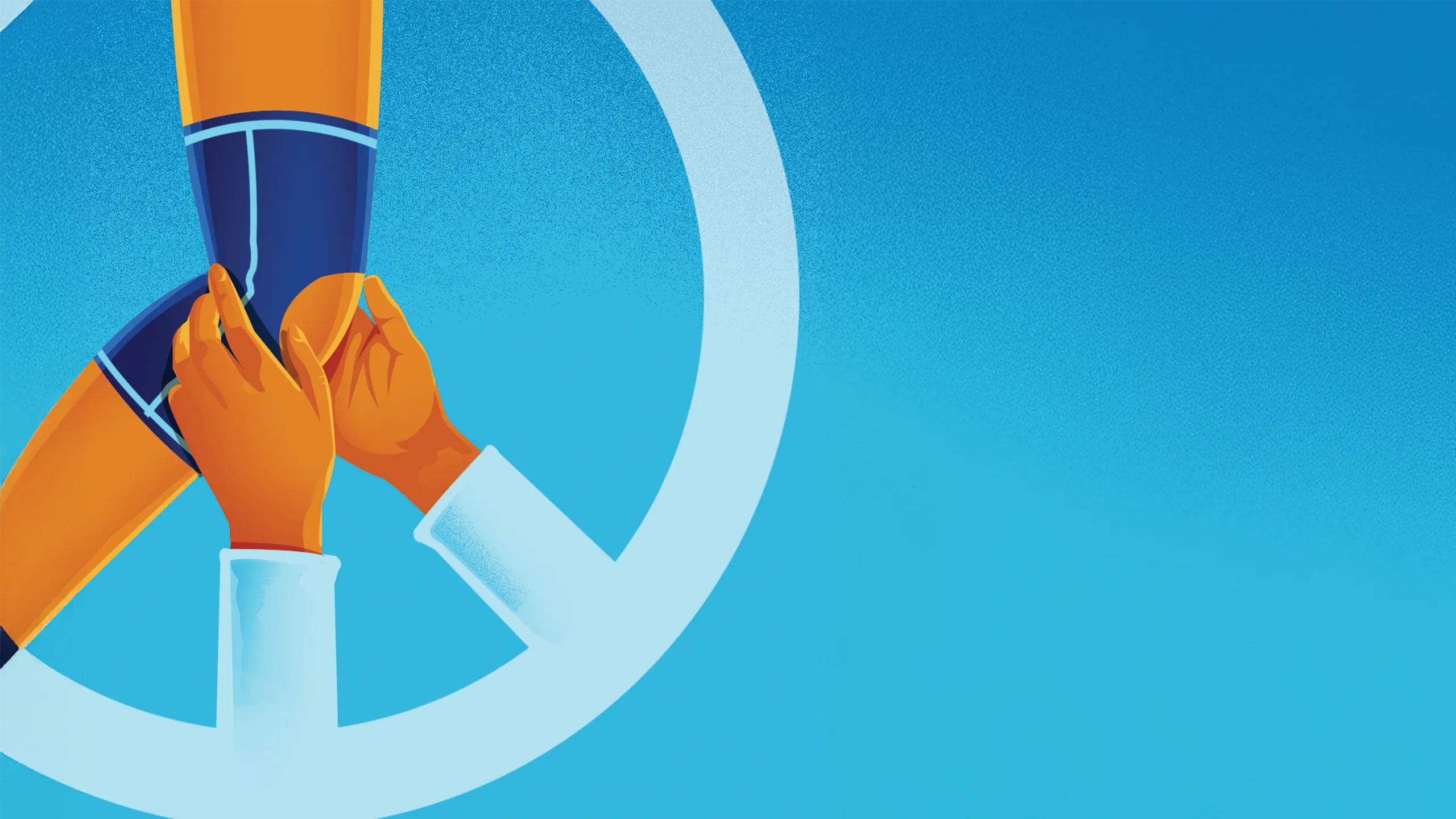 Illustration by Bill McConkey of knee in bandage, in a PEACE sign